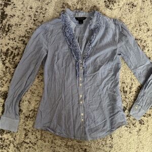 White House Black Market size 6 purple white stripe ruffle neck button down top